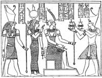 Царь Сети I приносит Осирису сосуды с вином. За Осирисом стоит его жена Исида и сын Хор